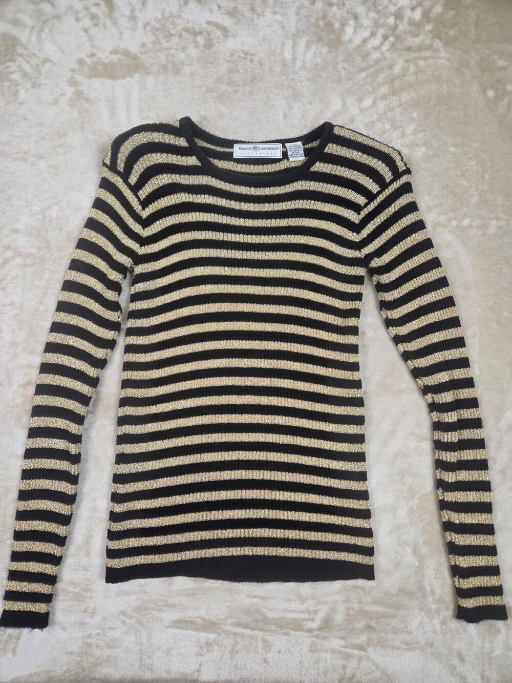 Vintage Maggie Lawrence Striped Metallic Sweater Black Gold Ribbed Knit Size M